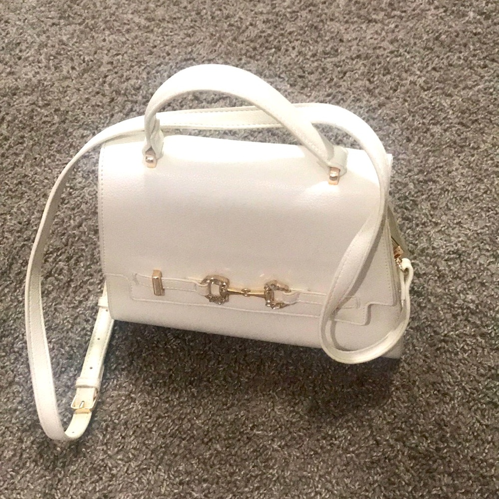 White Leather Top-Handle Shoulder Bag with Gold Hardware